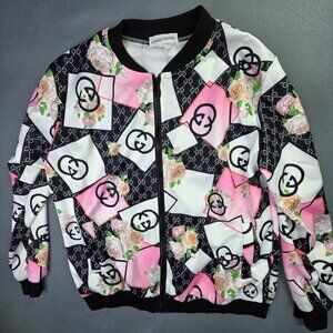 LANSEYINGWU Floral Bomber Jacket Womens L Pink Black Graphic Light Streetwear